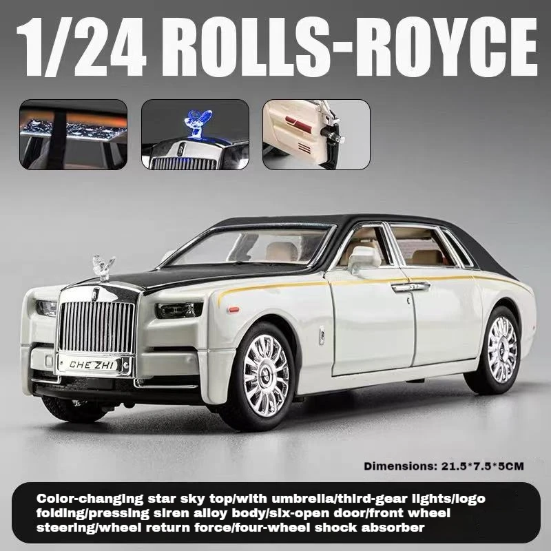รถโมเดล Rolls Royce Phantom ขนาด 1:24 ผลิตจากโลหะผสมสังกะสี แบบดึงหลัง มีเสียงและไฟ ของเล่นรถแบบหล่อขึ้นรูปเหมือนจริง