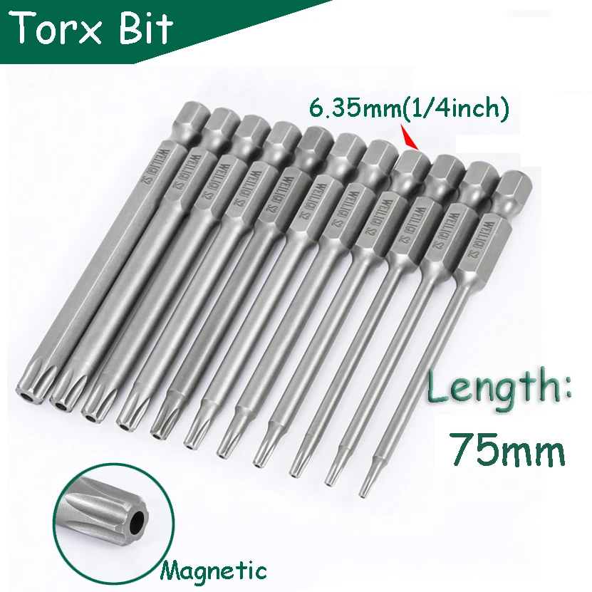 

Torx Bit Set Magnetic 75mm Length Screwdriver Head T6 T7 T8 T9 T10 T15 T20 T25 T27 T30 T40 Tamper Proof Security Drill Bit Set