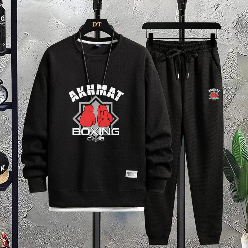 

New autumn casual outdoor trendy brand long suit, men's high-end round neck waffle long-sleeved men's top and sweatpants suit