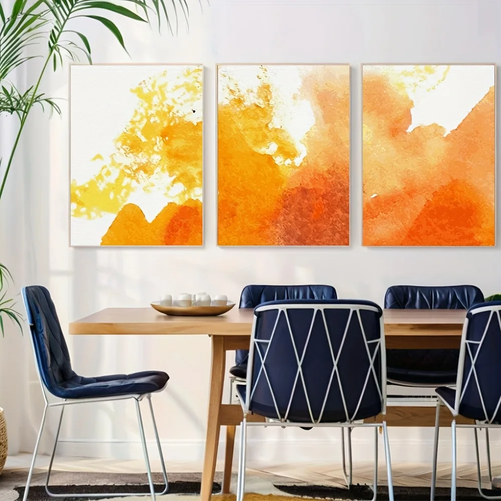 2D Flat, 2D Flat 3pcs Unframed Wall Canvas Print Wall Art Set Yellow Orange Paint Splatter Eplosion Abstract Shapes Illustrat
