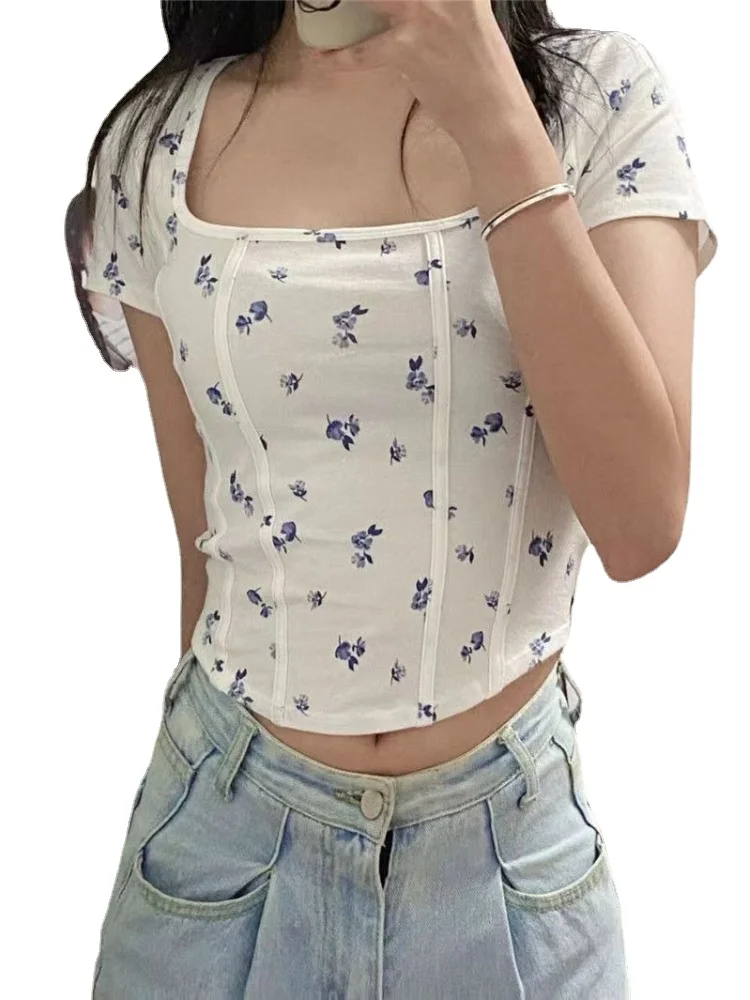 Square Neck Solid T Shirt Women Short Sleeve Summer Fish Bone Tee Casual Tank Top Fashion Crop Top Female Y2k T-shirt Streetwear