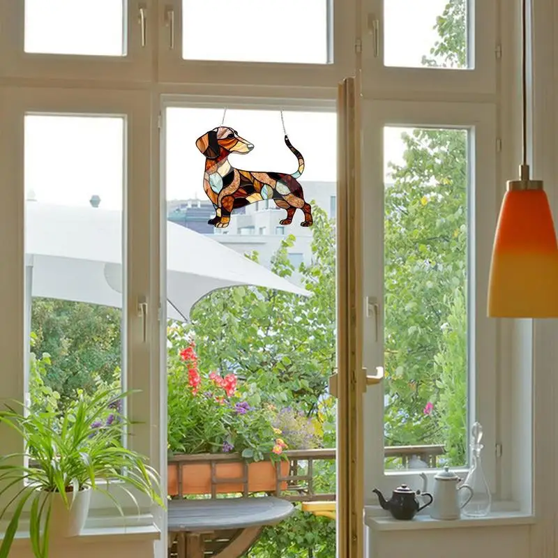 Pendurado Dachshund Window Decoração com Corrente Pendurada, Catcher De Luz De Vidro Manchado, Pingente De Acrílico