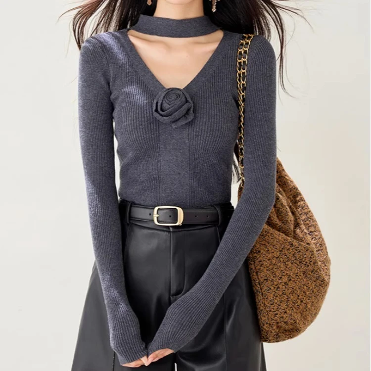

Women French V Neck Hollow Knit Sweater Autumn Slim Fit Pullover Tops