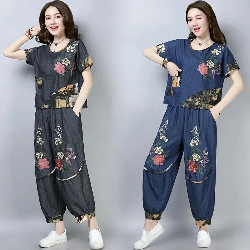 

Set Women Middle-Aged Elderly Folk Wind Large Size Suit Summer New Thin Retro Outfit Embroidered 2PCS Leisure Two-Piece Female