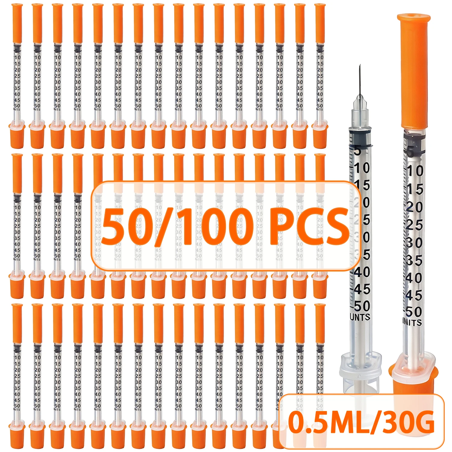 50/100PCS 0.5ml 30G 8mm Disposable Sterile Orange Insulin Syringe With 5/16