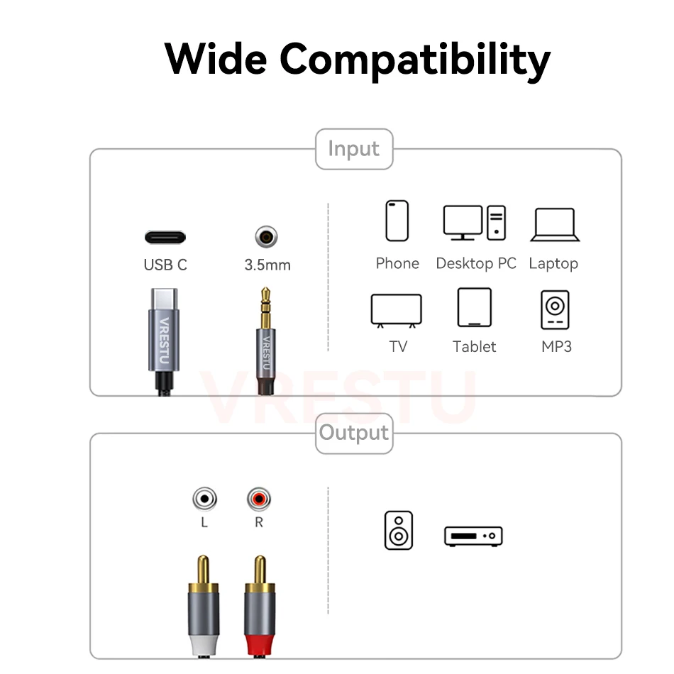 RCA Audio Cable 3.5mm Male to 2RCA Speaker Cable Male Splitter AUX Type-C to 2RCA Cord Jack for TV Box Amplifier DVD Player Wire