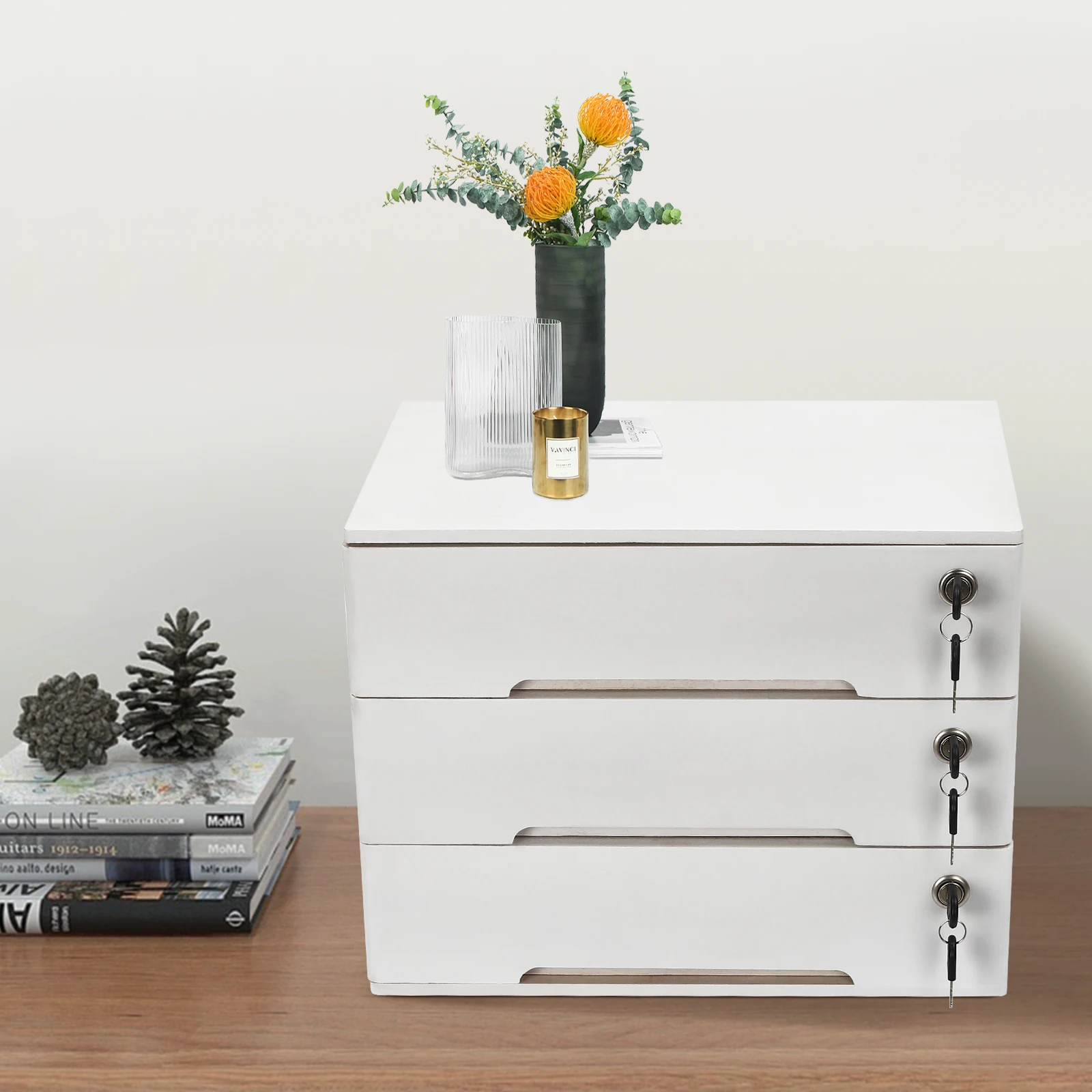 

Modern 3-Layer White Wooden Desktop Storage Cabinet Table Organizer Home Office Desktop Storage Box With Lock