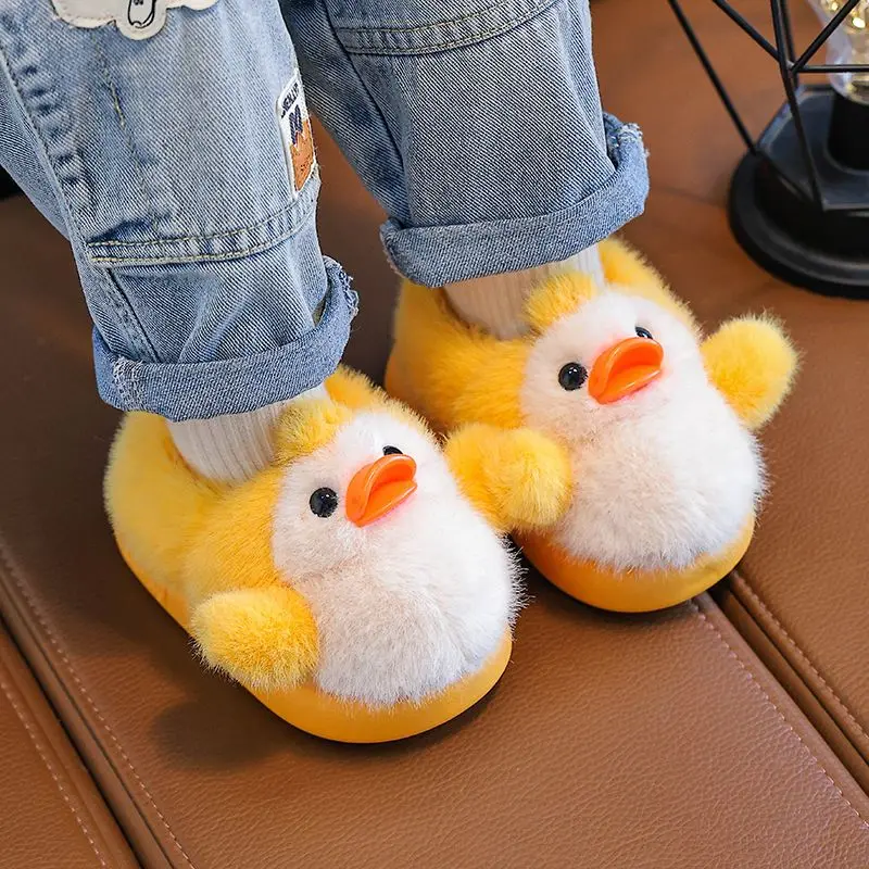 

Kids Winter Warm Slippers Boys Girls Indoor Non Slip Plush Lined Sole Cartoon Animal Design Soft Cotton House Shoes for Toddlers