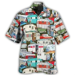 Men's retro RV printed shirt Campsite shirts breathable button Summer lapel short sleeved