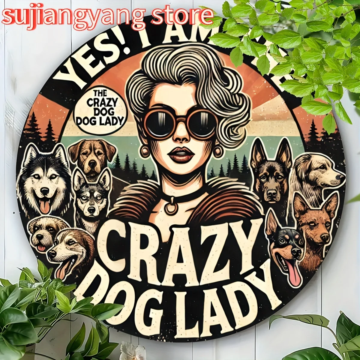 Rundschild aus Aluminium „Crazy Dog Lady“ – Wandkunst-Dekor im Vintage-Stil, graviertes Folien-Metallschild für Zuhause, Zimmer, Esszimmer, Bar,