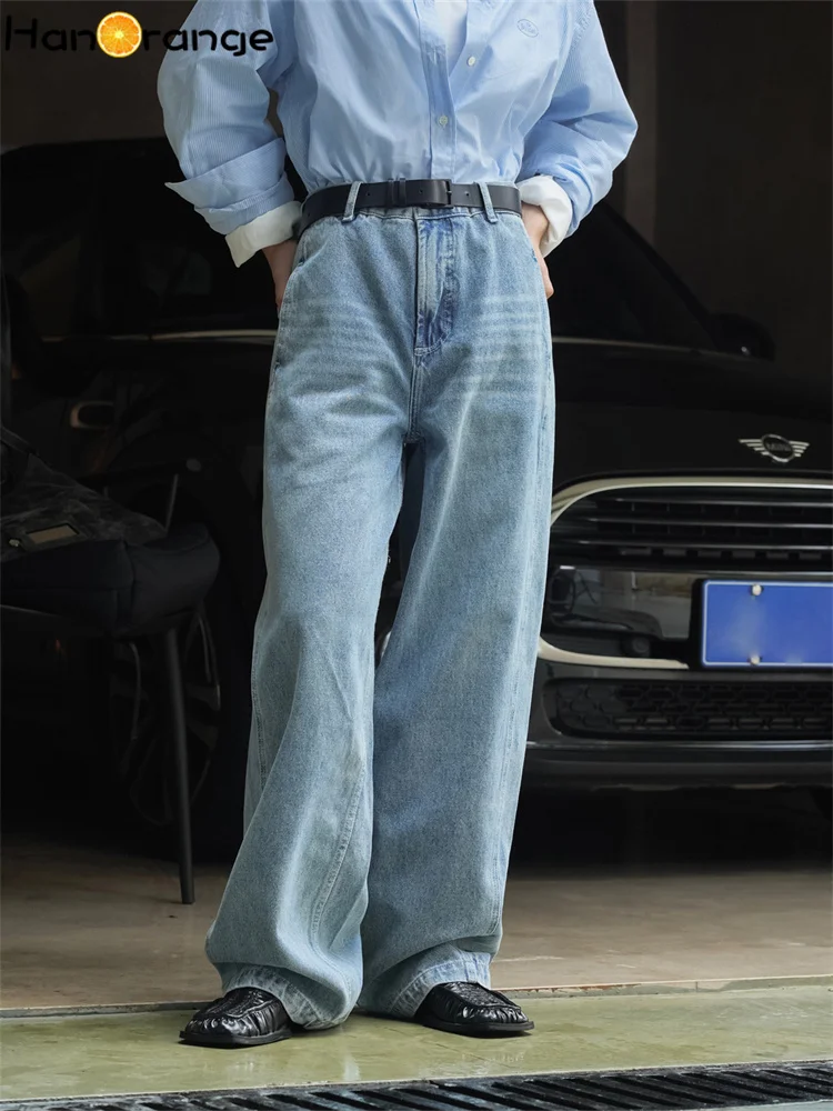 

HanOrange 2024 Spring Vintage Fashion High Waist Dady Wide Leg Jeans Women Washed Loose Relaxed Denim Trousers Female Blue