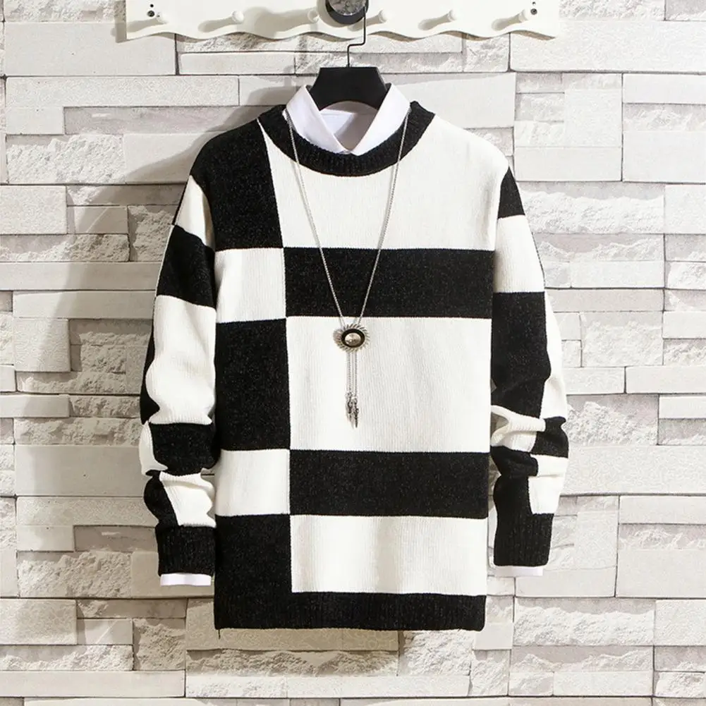 

Diamond Diagonal Stripe Warm Sweater Round Neck Pullover Slim Fit Sweater Top Knitted Men's Pullover 2023 New