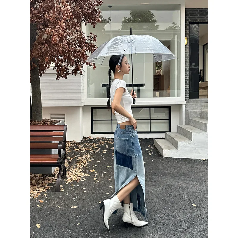 Pop outono/inverno nova saia jeans de emagrecimento de cintura alta design de nicho original algodão 13 fileiras em linha reta forma delicada meio comprimento