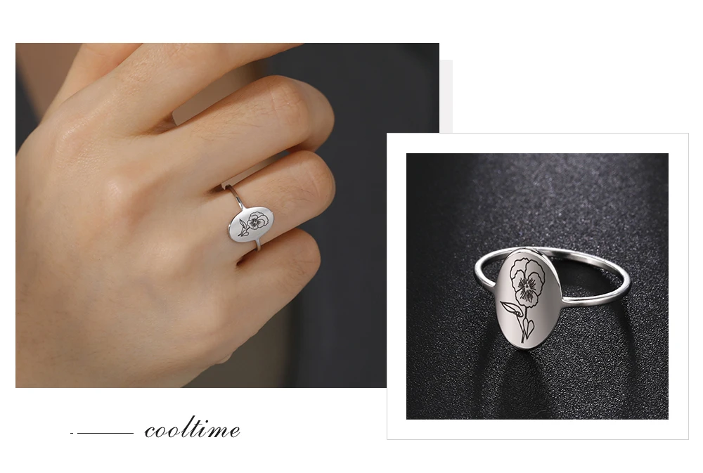COOLTIME Blumenringe zum 12. Geburtsmonat für Frauen, Edelstahl, oval, Siegel, ästhetische Ringe, Schmuck, Freund, Liebhaber, Geburtstagsgeschenk – Detail 11