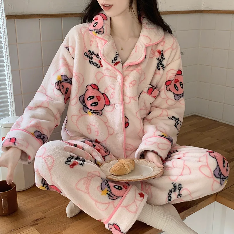 Anime Kawaii Women 2Pcs Plush Pajamas Set Kirby Winter Cartoon Thicken Nightwear Coral Fleece Homewear Pants Student Girls