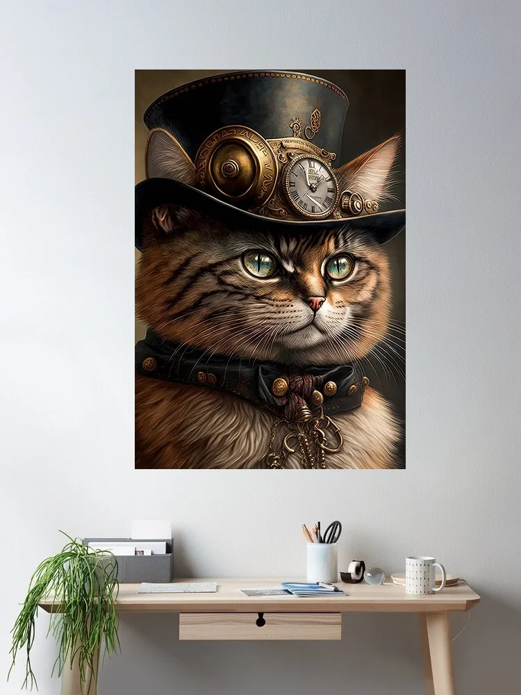 Steampunk Cat, Print Art Canvas Poster, For Living Room Decor, Home Wall Picture