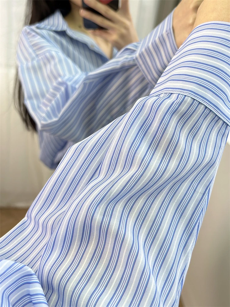 Vacation dress for women Blue and white striped shirt style women\'s dress MA 2024 spring new French style design sense