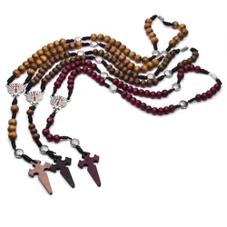 QIGO Santiago Shell Rosary Necklace Wood Beads Strand Chain Religious Jewelry
