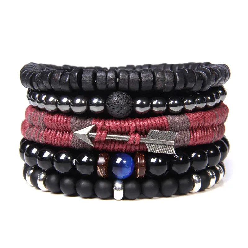 Männer Stein Armband Set Multi-schicht Schwarz Vulkanischen Holz Perlen Elastische Armband Viking Homme Pulsera Hombre Hip-Hop Punk schmuck