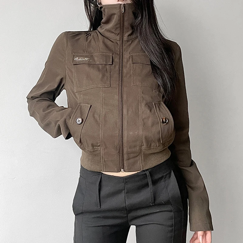 CIBBAR Vintage y2k Cargo Jacket Women Full Zip Up Long Sleeve Pockets Cropped Jackets Autumn Korean Fashion Coats Streetwear 90s