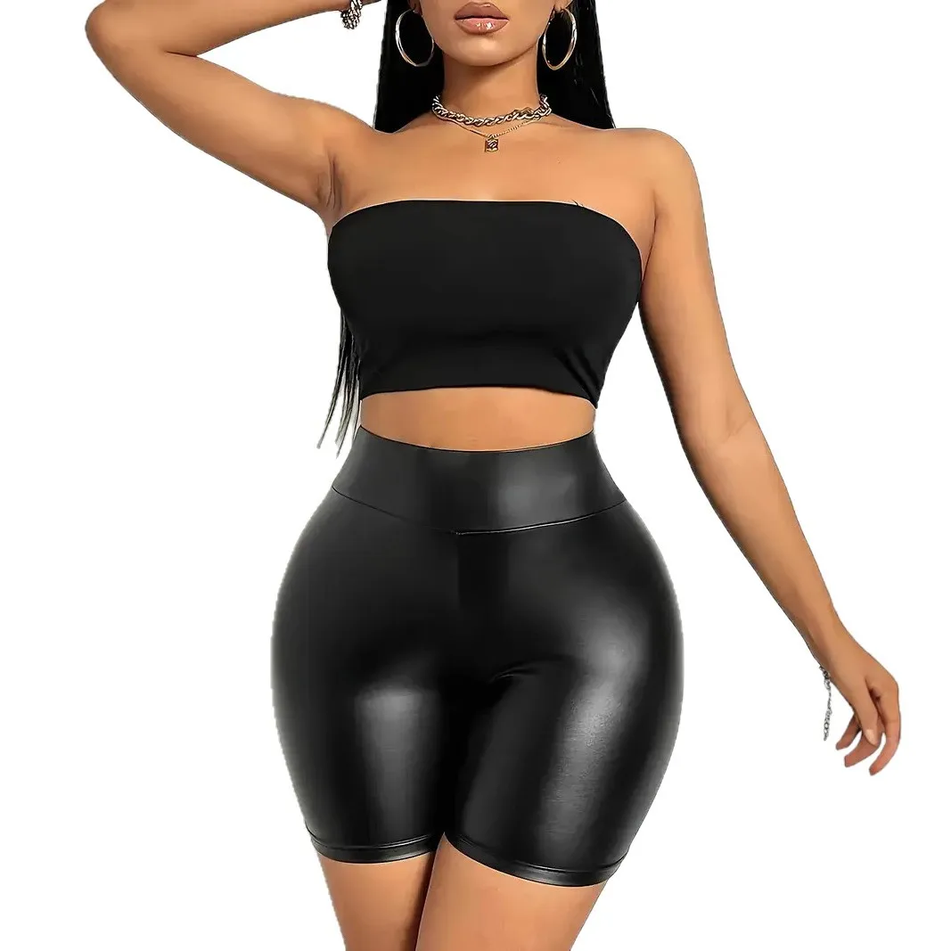 2025 new PU leather pants women's sexy hot pants nightclub middle pants, European size leather shorts women