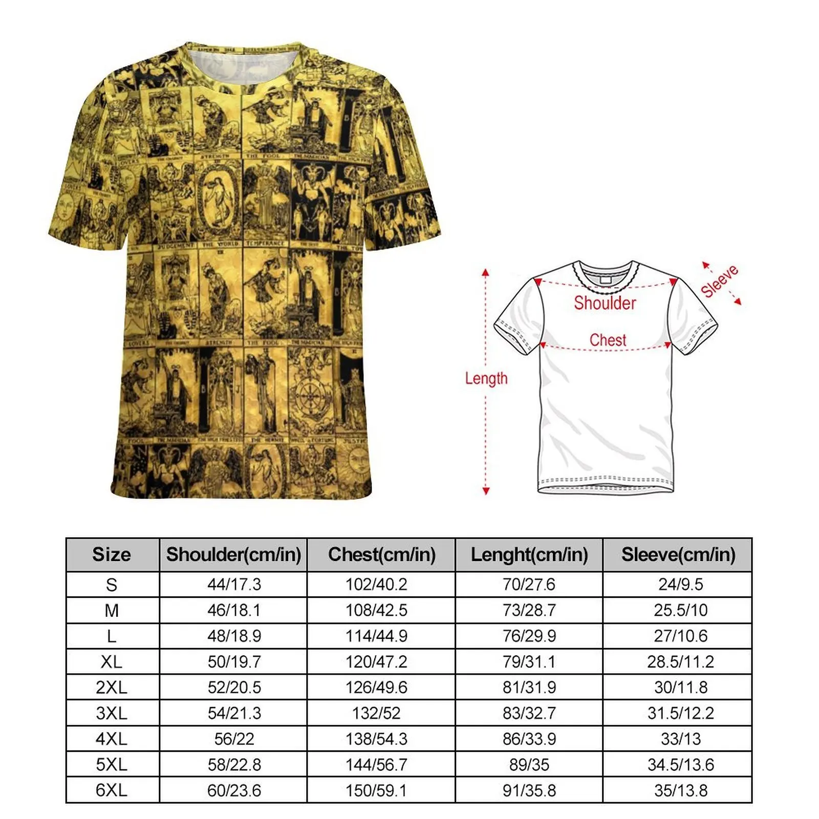 Gold And Black Tarot T-Shirt Major Arcana Print Hippie T-Shirts Man Tee Shirt Premium Short Sleeves Graphic Top Tees Plus Size