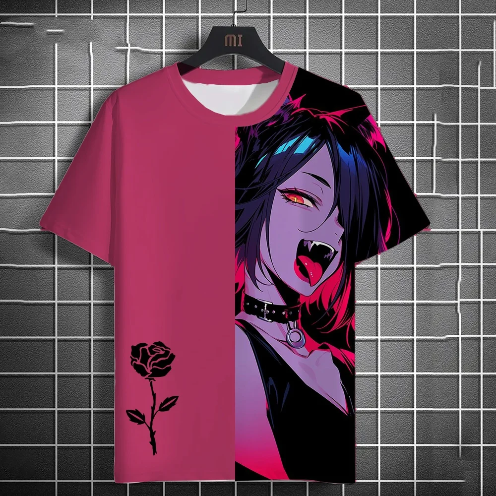 3D Print Clothing Anime Girls Rose Print Unisex Short Sleeve Anime Girls Graphic T shirts Gothic T-shirt Round Neck T-shirt Tops