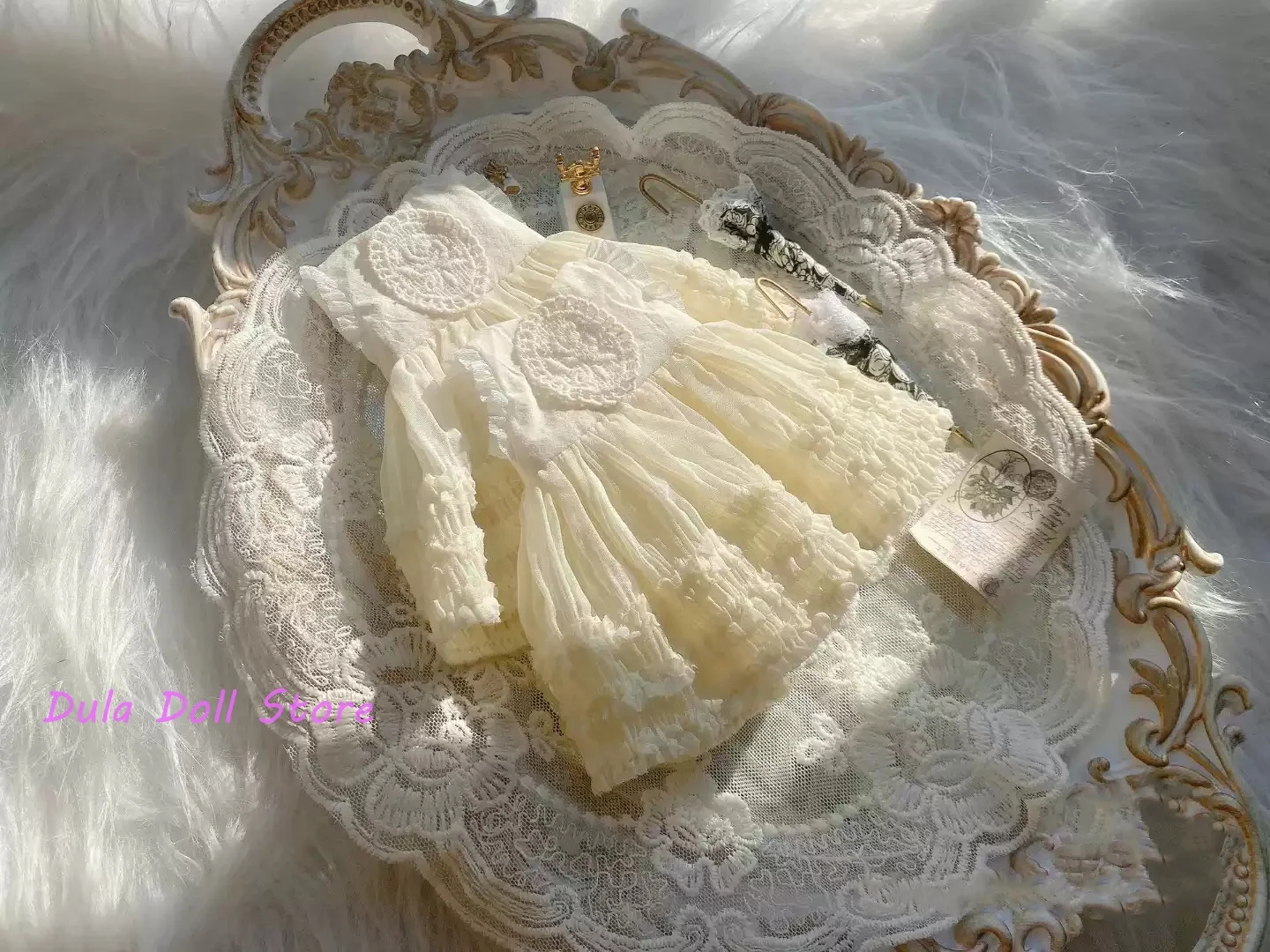 Dula Doll Clothes Dress Beige lace small parasol set Blythe ob24 ob22 Azone Licca ICY JerryB 1/6 Bjd Doll Accessories