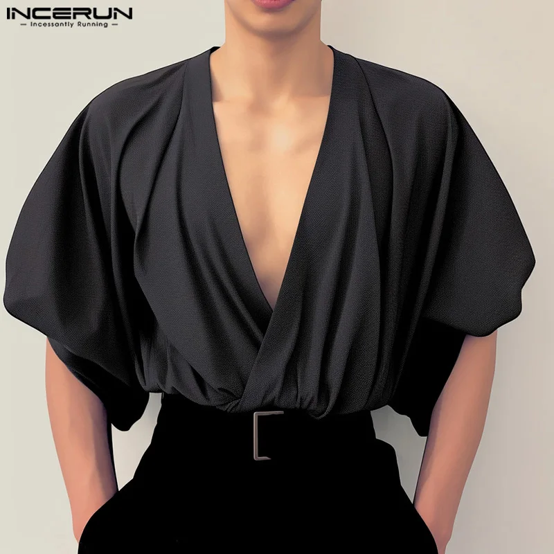 

INCERUN Men Shirts Solid Color Deep V Neck Puff Half Sleeve Loose Casual Men Clothing Summer Streetwear 2024 Fashion Camisetas