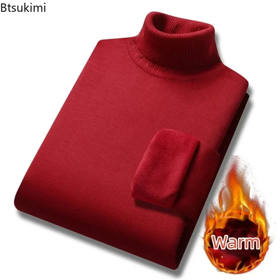 New 2024 Basic Warm Sweater for Men Winter Casual Pullover Warm Turtleneck Sweater Velvet Thick Solid Slim Bottoming Shirt Homme