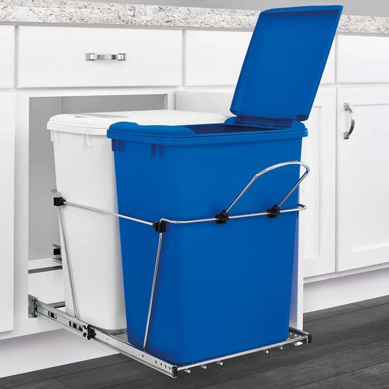 

Double Pull Out Trash Can for Under Kitchen Cabinets 35 Qt 12 Gal Garbage Recyling Bin on Full Extension Slide, Blue/White,