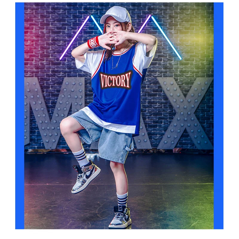 أطفال الهيب هوب الرقص زي صبي وسيم قصيرة الأكمام السراويل دعوى الأزرق أعلى الدنيم السراويل