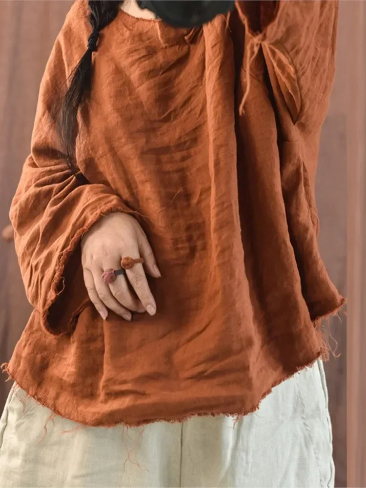 

Женская летняя осенняя льняная блузка, топы, женская винтажная рваная рубашка, женская свободная рубашка 2022,