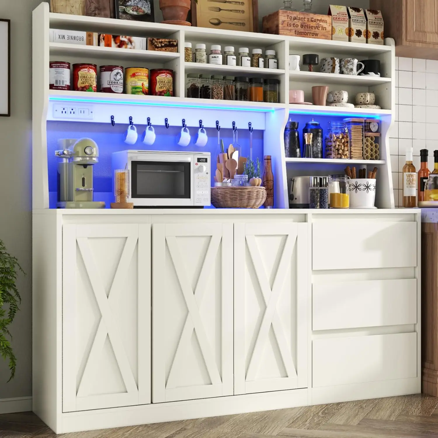 

Farmhouse Sideboard Buffet Cabinet with Storage, 59 Kitchen Storage Cabinet with Power Outlet & LED Light, Coffee Bar w/M