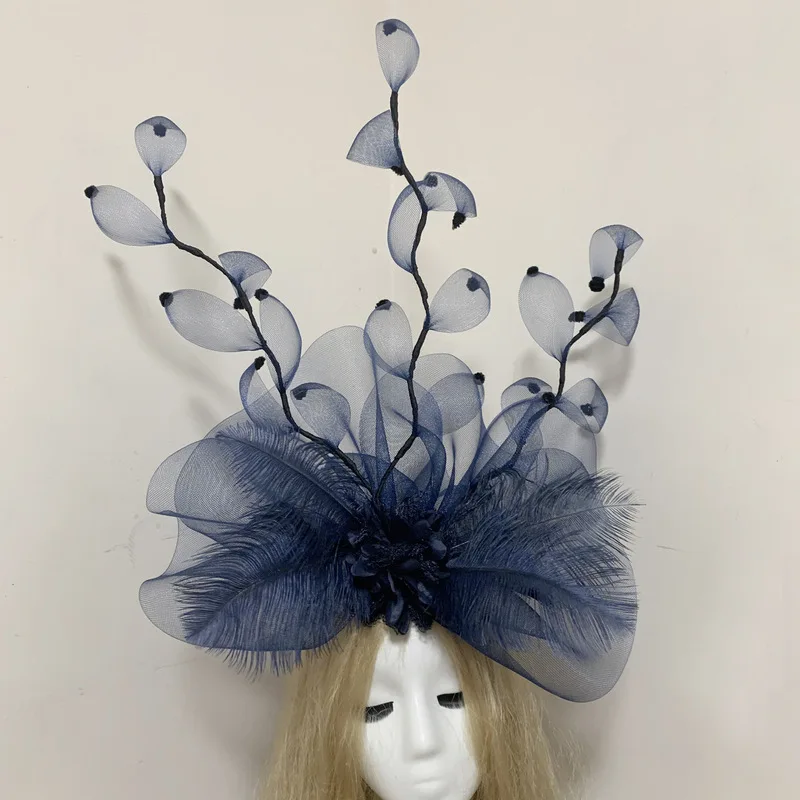 Exaggerated navy blue handmade mesh flower hair clip for stage performances fashion shows wedding hair accessories top hats