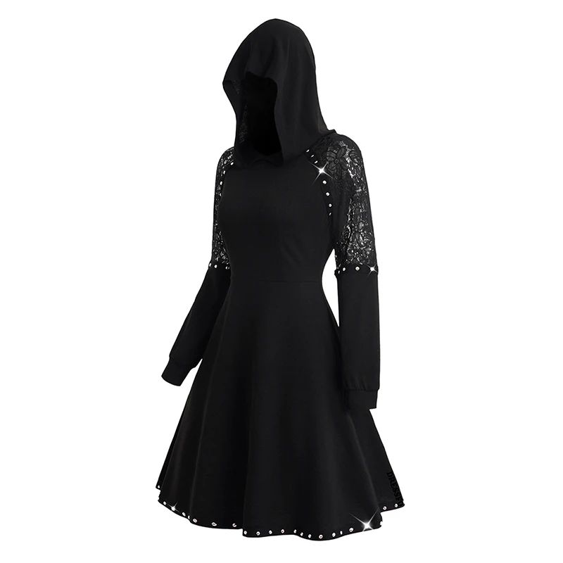 2024 Damen Gothic Hoodie Kleider transparente Spitze Panel Mini Kapuzen kleid Nieten einfarbig eine Linie Kleid schwarze Kleider