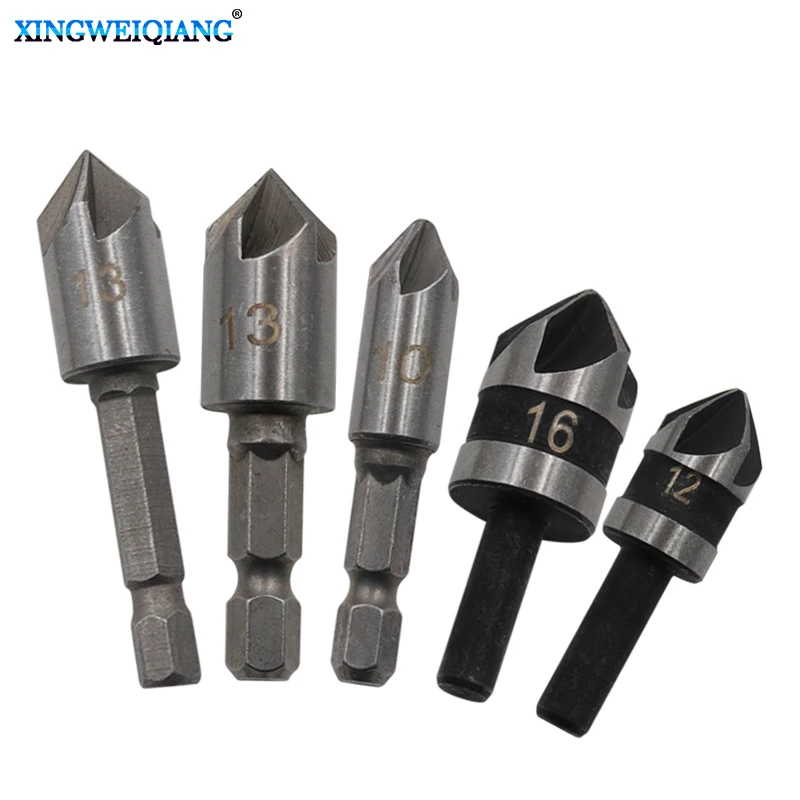 

82 Degrees Chamfer Drill Bit Set 10/12/13/16mm 5 Flute Wood Working Drill Bit Cutter Countersink Drill Round/Hexagon Shank