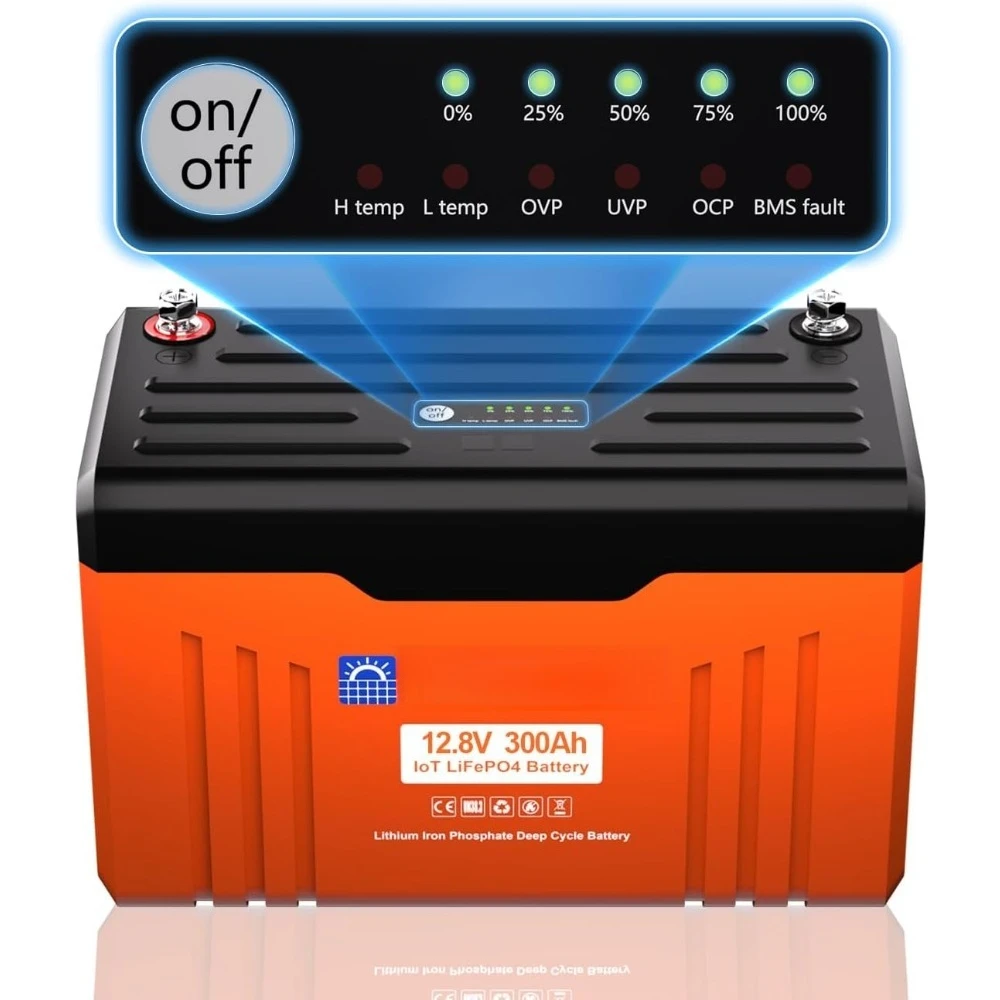 12V 300AH ​LiFePO4 Lithium Battery Bluetooth with SOC LEDs, Low Temp Protection, 3840WH, 200A BMS Up to 15000 Deep Cycle for RV