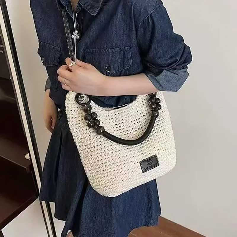 2025 New Summer Woven Shoulder Tote Bag for Women Casual Large Capacity Portable Beach Messenger Bag Fashionable Handbag - view 3