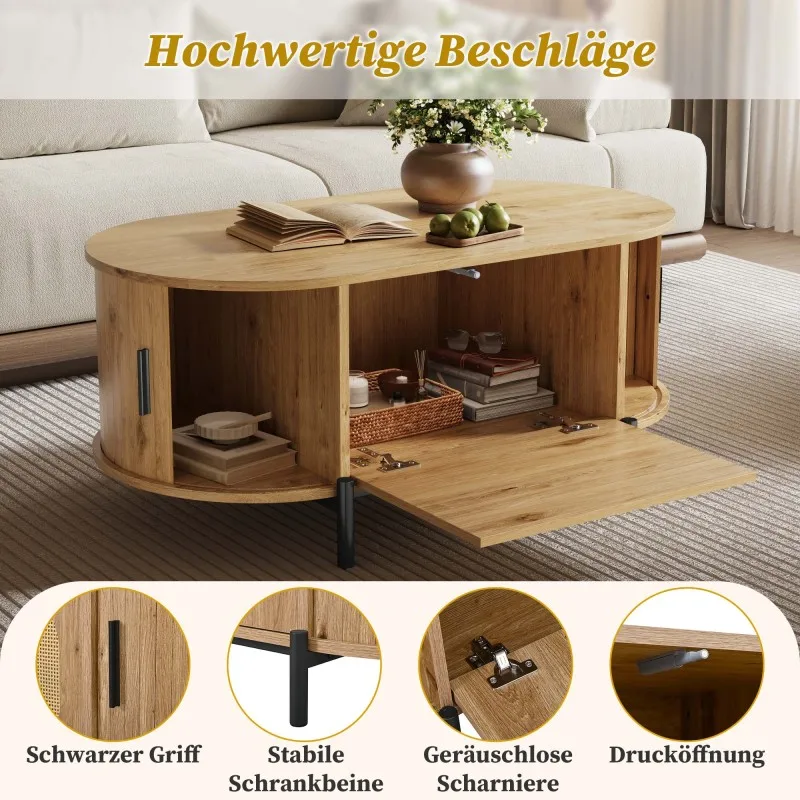 Table basse ovale en rotin, portes coulissantes, aspect bois, pieds en métal, table de salon multifonctionnelle avec espace de rangement