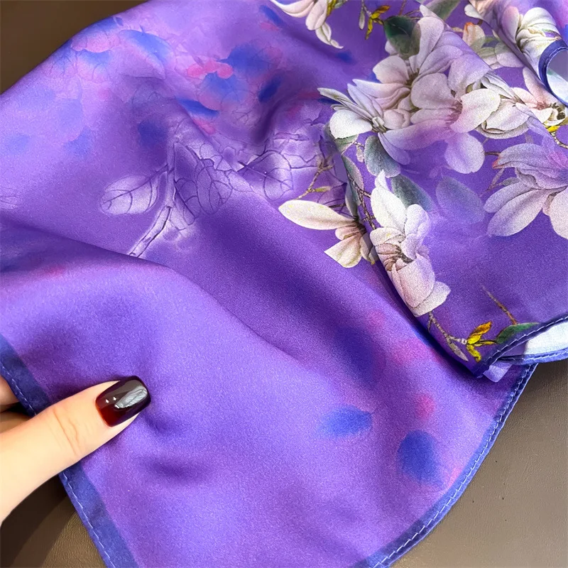 2024 NEW Hangzhou Silk Korean Version Romantic Purple Printed 53 Silk Square Women Scarf 100% Silk Scarf Thin Decorative Scarves