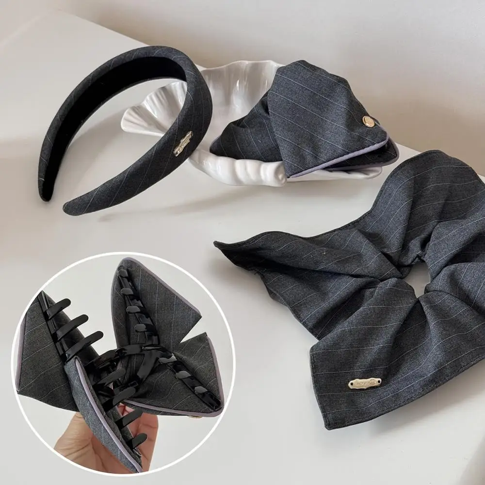 

Grey Striped Scarf Vintage Hairband Korean Style Shark Clip Gold Label Hair Tie Scarf Ins Version Grey Stripes Hair Accessory