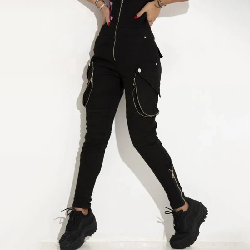 Gymdolphins Black Letter Printed Sleeveless Zippered Jumpsuit for Women 2023 New Fashion High Street Sports Casual Jump Suit