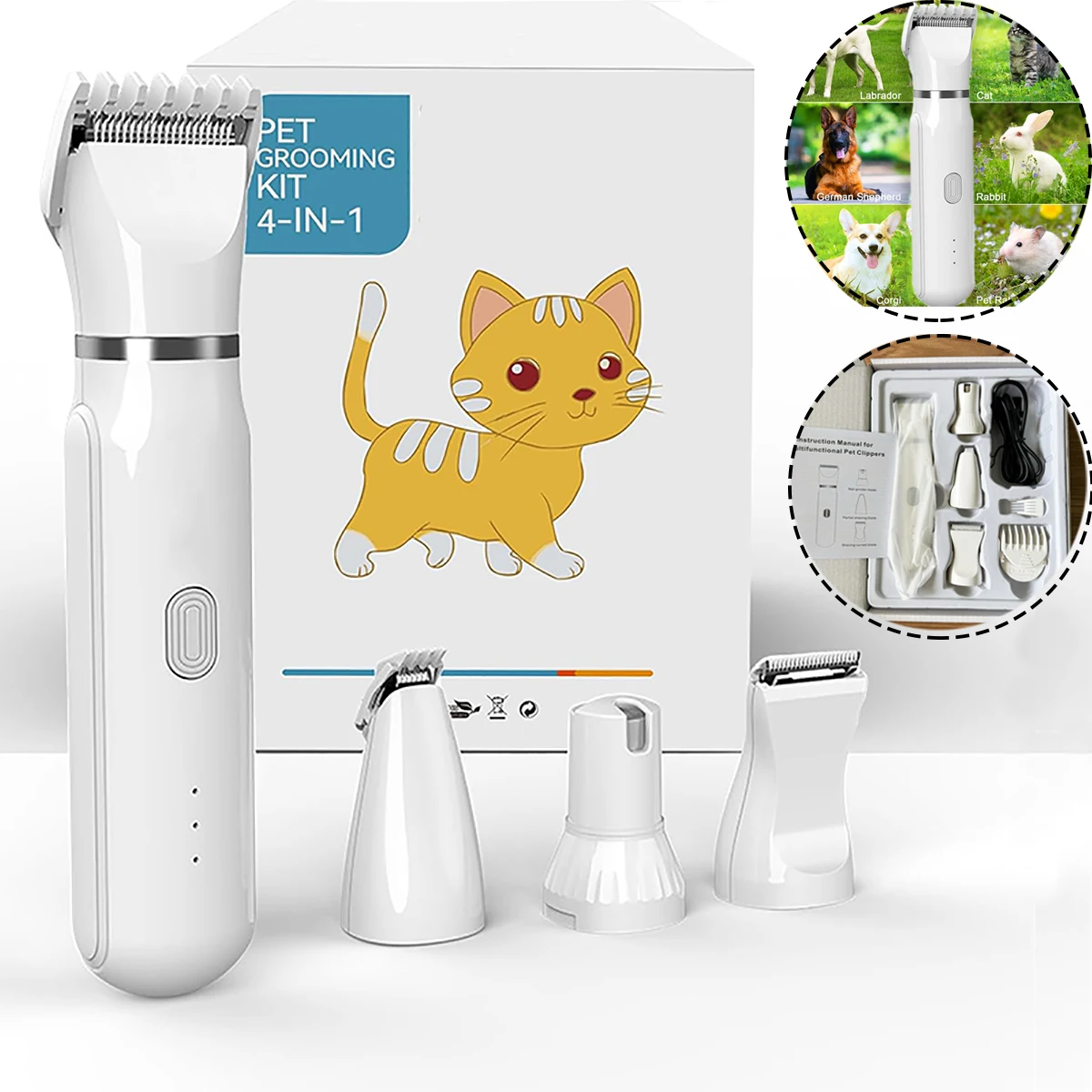 

Pet Hair Clippers Grooming Kit with Nail Grinder ,4-in-1 Cordless Motorized Trimmer Low Noise USB Rechargeable Cordless Quiet Na