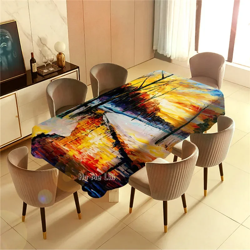 Eco Alliance Dutch Creek In Winter Oil Painting Style Rectangular Tabletop Decoration For Romantic Event Or Banquet Tablecloth