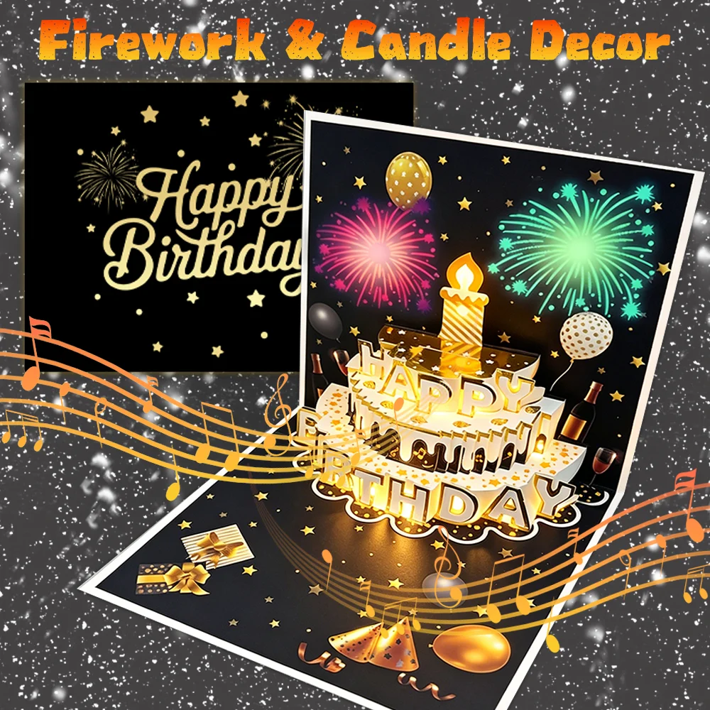 1pc Fireworks-Themed Birthday Cake Greeting Card, 3D Carved Stereoscopic Happy Birthday Card, Suitable for Anyone