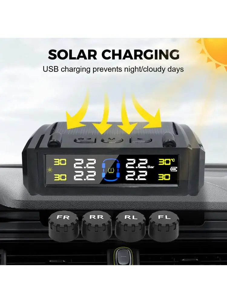 Systèmes d'alarme de sécurité automobile, système de surveillance de la pression des pneus, avertissement de température, accessoires universels externes ​ TPMS solaire automatique