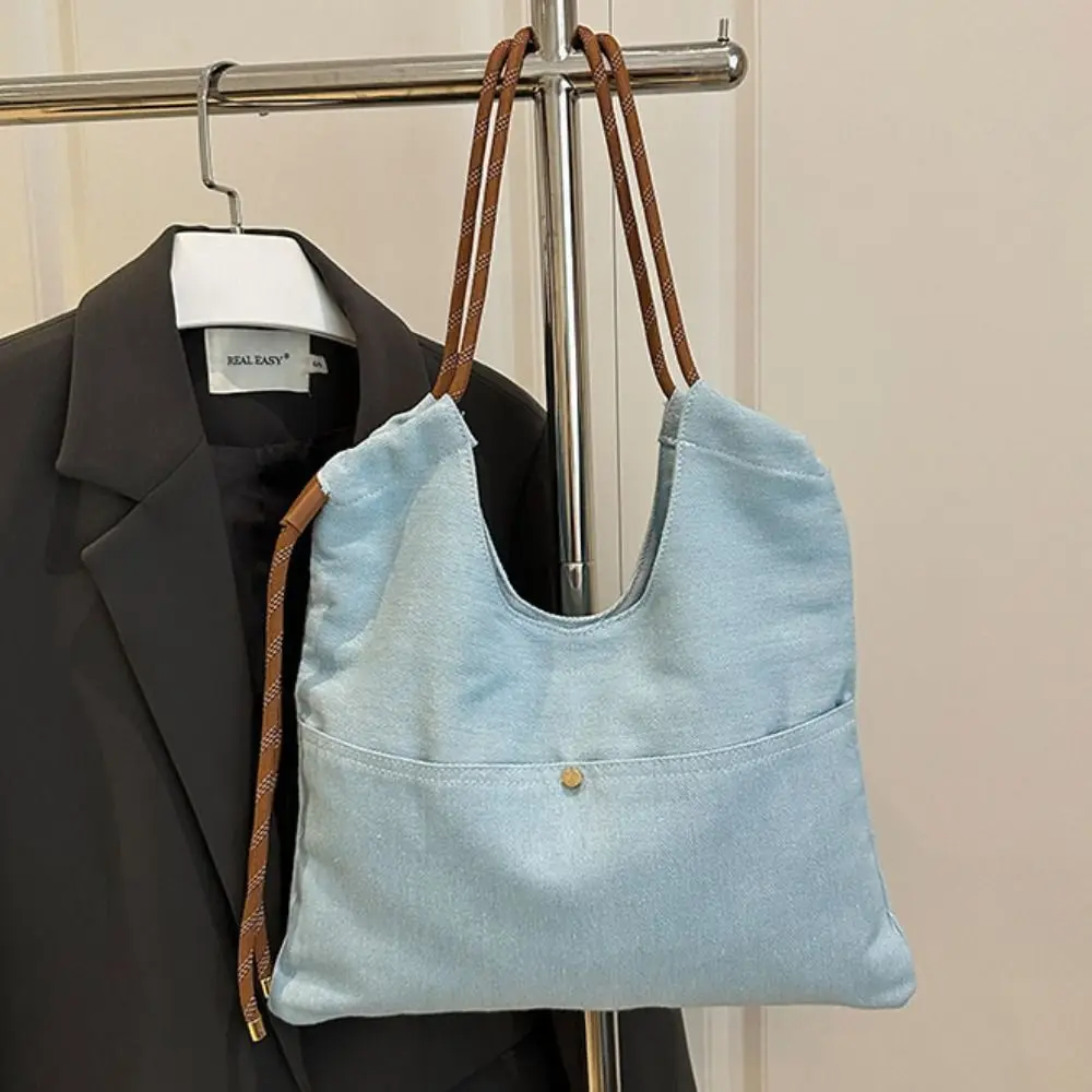 حقيبة كتف الدنيم حقيبة قماش قنب حقيبة كروسبودي سعة كبيرة حقيبة يد خمر حقيبة تسوق بلون بسيط حمل حقيبة السفر #3