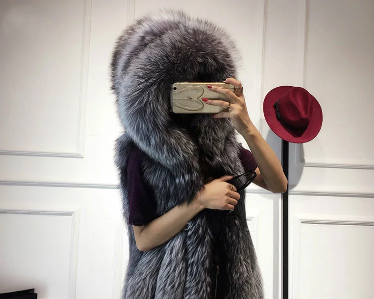 Women\'s Faux Fur Fox Fur Hooded Vest Vest Fur All-in-One Mink Stitching Atmospheric Fashion Vest