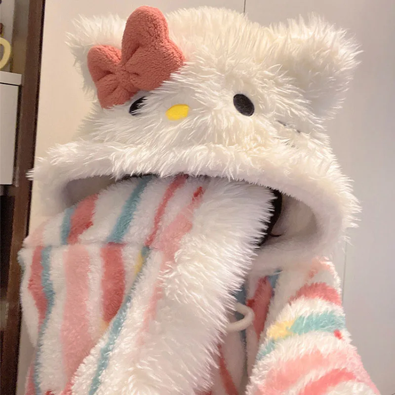 

Hello Kitty Pajamas Sanrio Cute Women's Cartoon Autumn Winter Coral Velvet Sleeping Skirt Girl Warm Thick Home Casual Clothing
